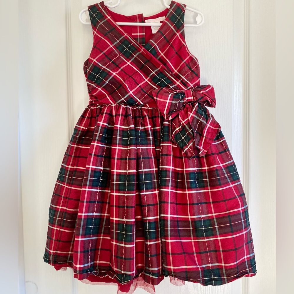 Janie and Jack Girls Silk Holiday Plaid Red Dress with side bow size 5